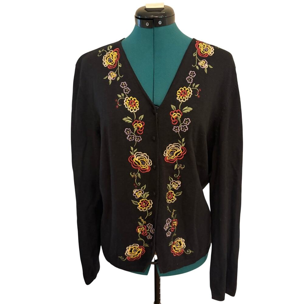 Judith Hart Linen Blend Embroidered Cardigan XL Black Floral Button Boho Womens